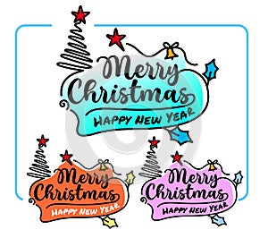 Merry Christmas lettering designs. Tree illustrations. Happy New Year typography.