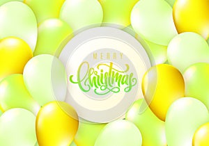 Merry Christmas lettering. Elegant greeting card with realistic glossy flying balloons. Decoration template for a banner, poster,