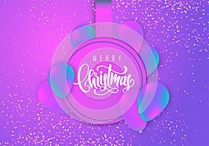 Merry Christmas lettering. Elegant greeting card with realistic neon glossy flying balloons and sparkling confetti. Decoration
