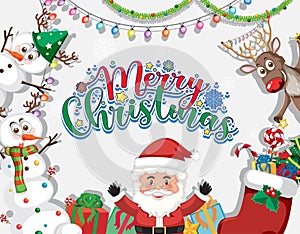 Merry Christmas lettering font logo with Santa and Christmas ornaments