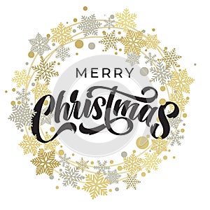 Merry Christmas lettering with golden and silver snowflake ornament pattern, stars and wreath decoration. Merry Christmas