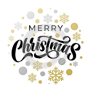 Merry Christmas lettering with golden, silver snowflake ornaments and gold foil ball dots decoration. Merry Christmas calligraphy