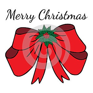 Merry Christmas Lettering with holly berry on a red bow. White background, isolated objects. Top beautiful inscription Merry