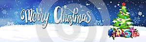 Merry Christmas Lettering Over Night Sky Background With Decorated Fir Tree Horizontal Banner