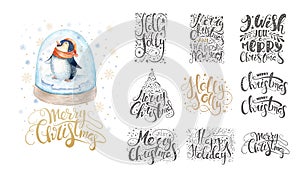 Merry christmas lettering over with snowflakes and penguins. Han