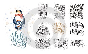 Merry christmas lettering over with snowflakes and penguins. Han