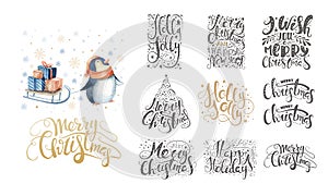 Merry christmas lettering over with snowflakes and penguins. Han