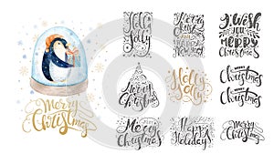 Merry christmas lettering over with snowflakes and penguins. Han