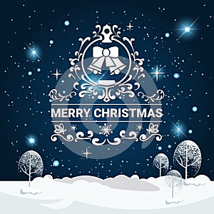 Merry Christmas Lettering Over Winter Forest Background Trees Covered With Snow Night Sky