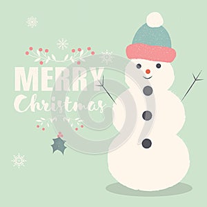 Merry Christmas lettering postcard with smiling Snowman