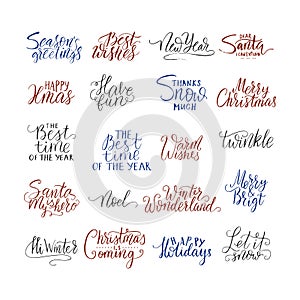 Merry Christmas lettering typography. Handwriting text design with winter handdrawn lettering. Happy New Year greeting