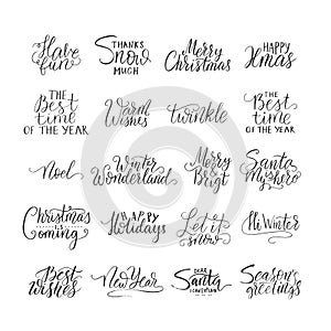 Merry Christmas lettering typography. Handwriting text design with winter handdrawn lettering. Happy New Year greeting
