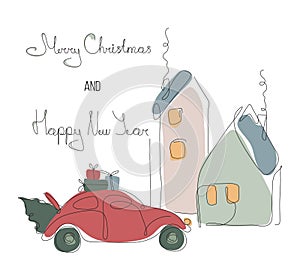 Merry Christmas lettering and vector iIllustration retro red car carry tree and gift, near nordic house. The happy