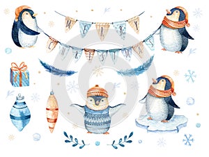 Merry Christmas lettering with watercolour fun pinguin.