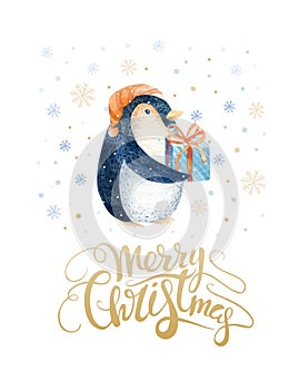 Merry Christmas lettering with watercolour fun pinguin.