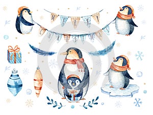 Merry Christmas lettering with watercolour fun pinguin.