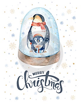 Merry Christmas lettering with watercolour fun pinguin.