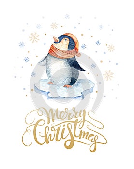 Merry Christmas lettering with watercolour fun pinguin. New year card.