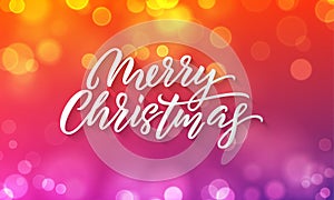 Merry Christmas lettering and Xmas holiday background. Vector Christmas lights sparkles flares