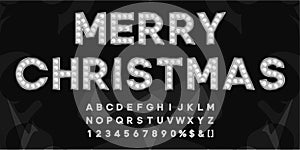 Merry Christmas letters in silver with cold light bulbs. Abc alphabet for creating vintage text for theater or movie