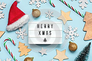 Merry Christmas.Light box with the text Merry Xmas and Christmas decoration.Christmas concept background
