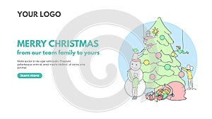 Merry Christmas line art banner design for corporate holiday greetings. Vector web banner concept with people decorating Christmas