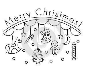 Merry Christmas line art vector illustration for a greeting card - toy horse, candy, stocking, crescent moon, fir-tree