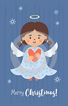 Merry Christmas. Little angel girl with heart. Xmas postcard in cartoon style. Vector vertical illustration. Cute new