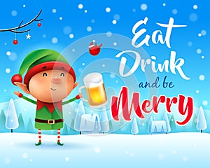 Merry Christmas! Little elf with beer in Christmas snow scene winter landscape.