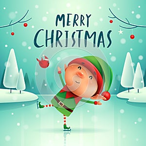 Merry Christmas! Little elf on skates in Christmas snow scene winter landscape