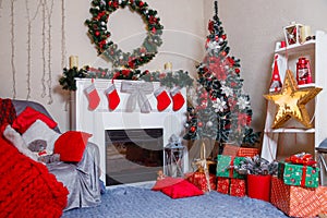 Merry Christmas living room interior with decorated fir-tree, fireplace, wreath, star, cones, bulbs, gift boxes and red plaid