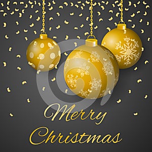 Merry Christmas luxury greeting card vector with decorated hanging gold colored christmas ornaments on gray background