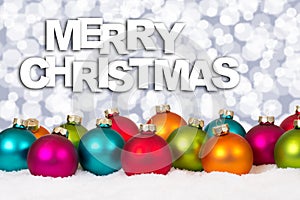 Merry Christmas many colorful balls background decoration snow w