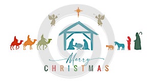 Merry Christmas. Mary, Joseph, Jesus in manger, wisemen, shepherds, angels and Bethlehem star