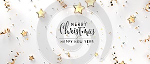 Merry Christmas message with serpentine streamers with stars and confetti