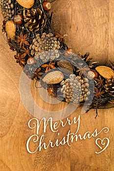 Merry Christmas Message Wreath Decoration Pine Cones Almonds Ani