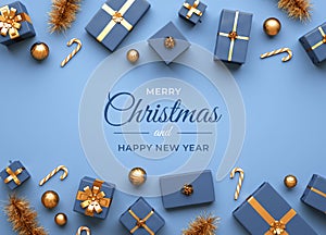 Merry Christmas modern greeting card with gifts, balls and text on a blue background. Xmas and happy new year type for flat lay