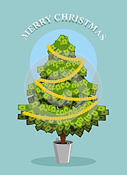 Merry Christmas. MoneyTree. Greeting card with financial well- b