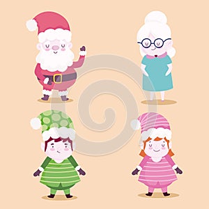 Merry christmas, mr, mrs claus and helpers characters icons design