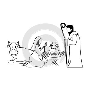 Merry christmas nativity christian cartoon in black and white