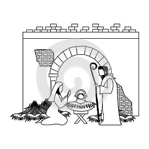 Merry christmas nativity christian cartoon in black and white