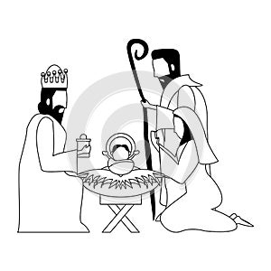 Merry christmas nativity christian cartoon in black and white