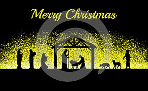 Merry Christmas Nativity scene greeting card background.