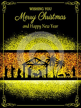 Merry Christmas Nativity scene greeting card background.