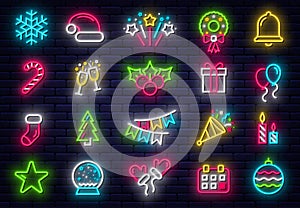 Merry Christmas neon icons collection. Christmas glowing neon icons, symbols and design elements. Collection of neon light signs,