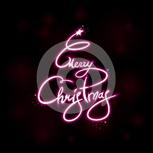 Merry Christmas neon sign, bright signboard, light banner. Christmas tree toy neon logo, emblem. Vector