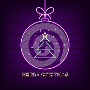 Merry christmas neon sign. New Year holyday bright signboard with Christmas ball and Xmas tree. Vector. photo