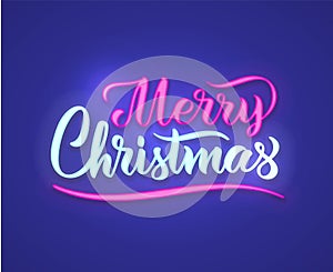 Merry Christmas neon text sign. Vector background. Neon glowing signboard