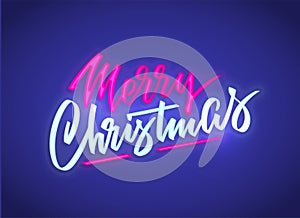 Merry Christmas neon text sign. Vector background. Neon glowing signboard, bright luminous banner