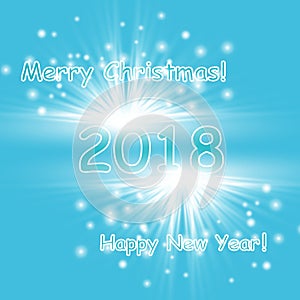 Merry Christmas and New Year 2018 typographical on holidays background with winter landscape with snowflakes, light